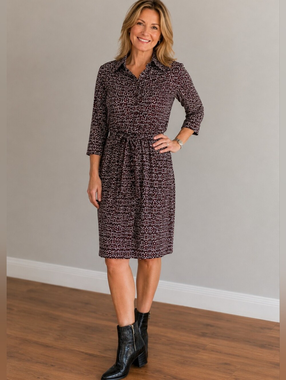 Laundry by Shelli Segal Pullover Jersey Dress Size 10 Maroon Black Geo Retro - Picture 1 of 12